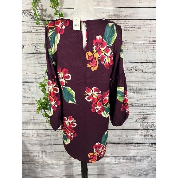 Ann Taylor Loft Tunic Dress Small Burgundy Green Floral Tropical Wedding Church - Picture 8 of 9